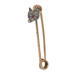 Victorian fox head stickpin in 14K red gold, silver mask and rose cut diamonds